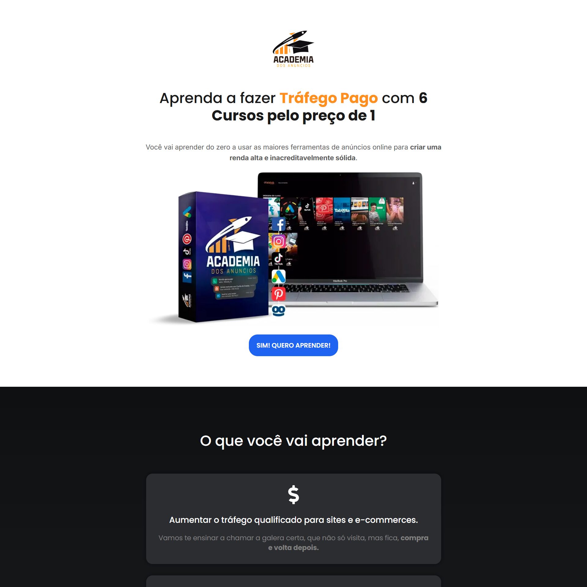 Landing Page para curso de Tráfego Pago com informações e botão de compra