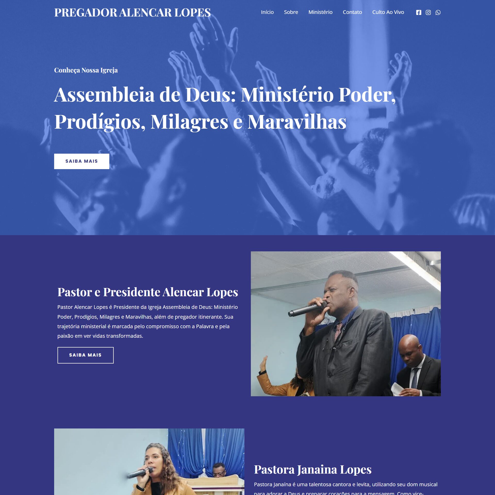 Site para pregador, com informações sobre o ministério e culto ao vivo.