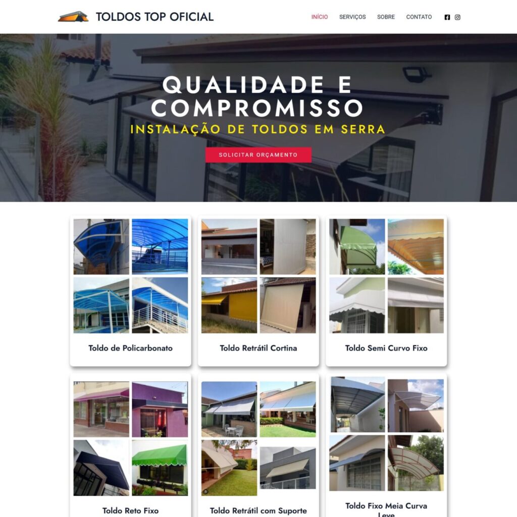 Site para empresa de toldos, com detalhes dos serviços e botão de orçamento.