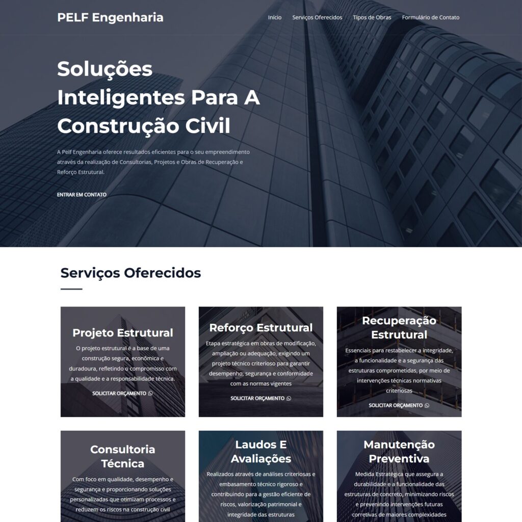 Site institucional para engenheiro civil, com serviços, tipos de obras e orçamentos.